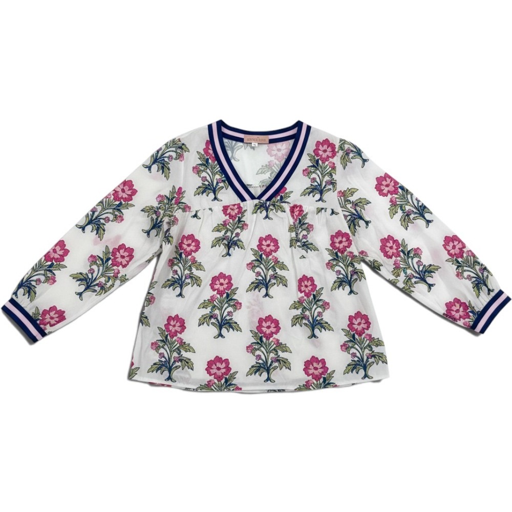 Lovie Luxe Floral Block Print V-Neck Blouse White Pink Navy Size Large NWT